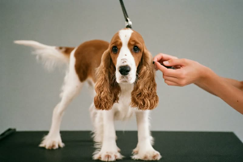 A spaniel being handled on a grooming table